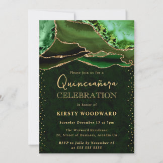 Eleganter Green und Gold Glitzer Agate Quinceanera Einladung