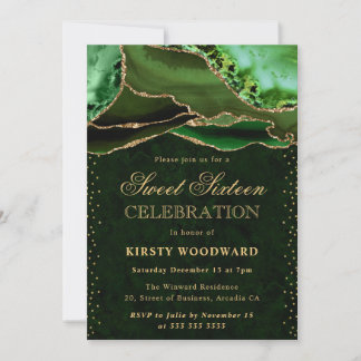 Eleganter Green und Gold Glitzer Agate Sweet 16 Einladung
