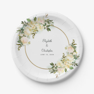 Eleganter Greenery White Rose Floral Gold Rahmen Pappteller