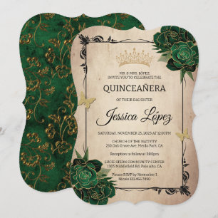 Eleganter Grün und Gold Quinceñera Rustikaler Gebu Einladung