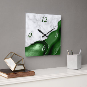 Eleganter grüner Achat-Silber-Glitter-Marmor Quadratische Wanduhr