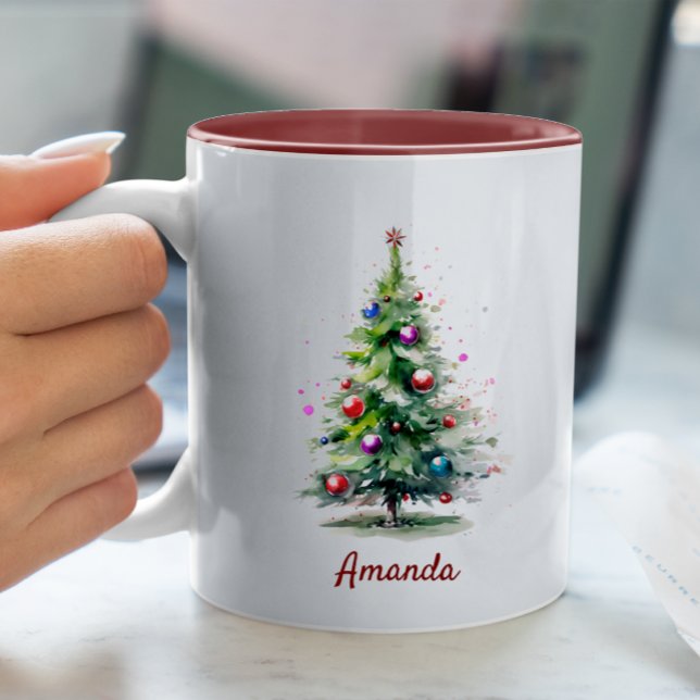 Eleganter grüner Aquarellkiefer Weihnachten Zweifarbige Tasse (Von Creator hochgeladen)