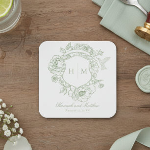 Eleganter grüner Chinoiserie-Vogel-Kamm-Hochzeit Rechteckiger Pappuntersetzer