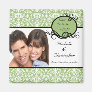 Eleganter grüner Damast-Foto-Save the Date Magnet