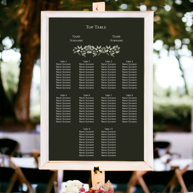 Eleganter grüner Foliage Hochzeitsplan Poster (Elegant Green Foliage Wedding Seating Plan Poster from Ricaso)