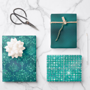 Eleganter grüner Glitzer Damask Geschenk Geschenkpapier Set