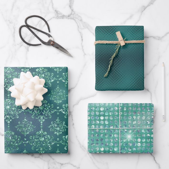 Eleganter grüner Glitzer Damask Geschenk Geschenkpapier Set (Vorderseite)