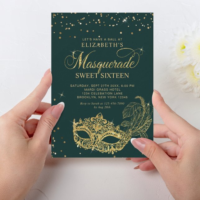 Eleganter grüner Glitzer Masquerade Sweet 16 Einladung (Von Creator hochgeladen)