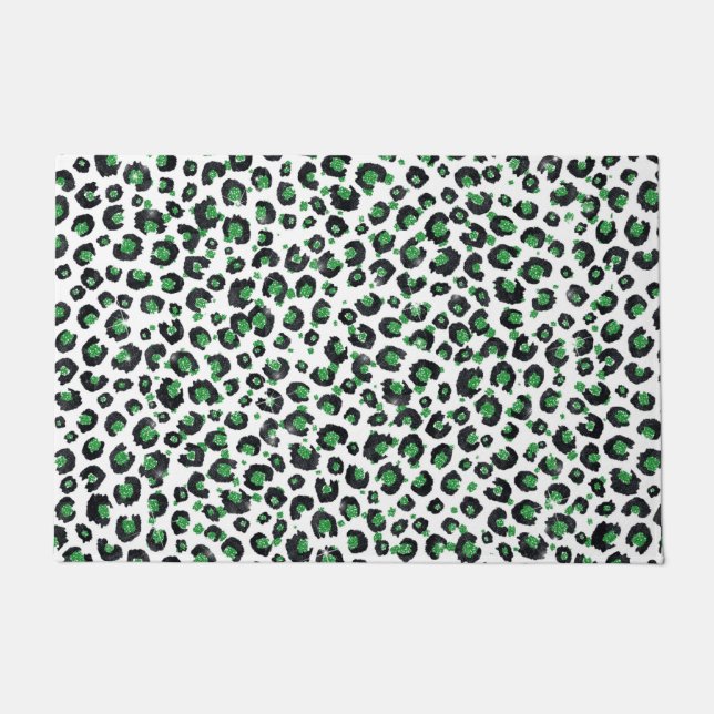 Eleganter grüner Glitzer Schwarzer Leopard-Tierdru Fußmatte (Vorderseite)
