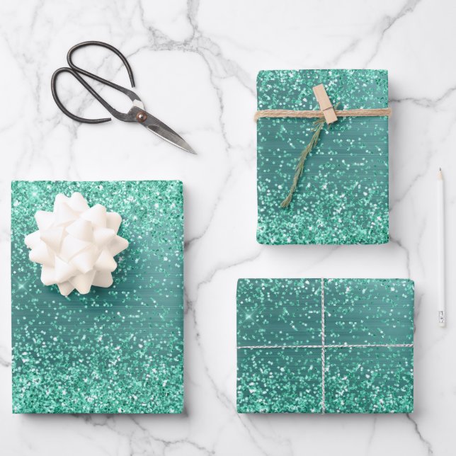 Eleganter Grüner Glitzer Sparkle Geschenkpapier Set (Vorderseite)