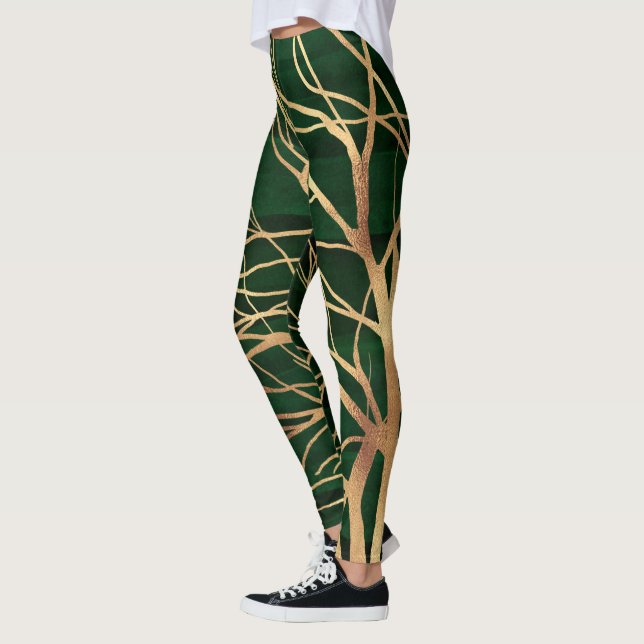 Eleganter Grüner Goldener Herbstbaum Zeichnend Leggings (Links)