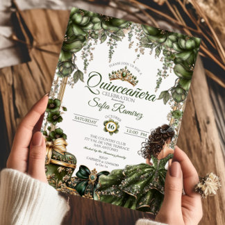 Eleganter grüner goldener Tiara-Blumen-Quinceañera Einladung
