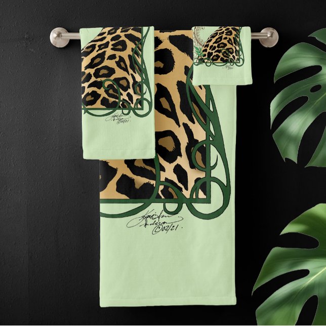 Eleganter grüner Leopard-Botanik-Henna Badhandtuch Set (Von Creator hochgeladen)