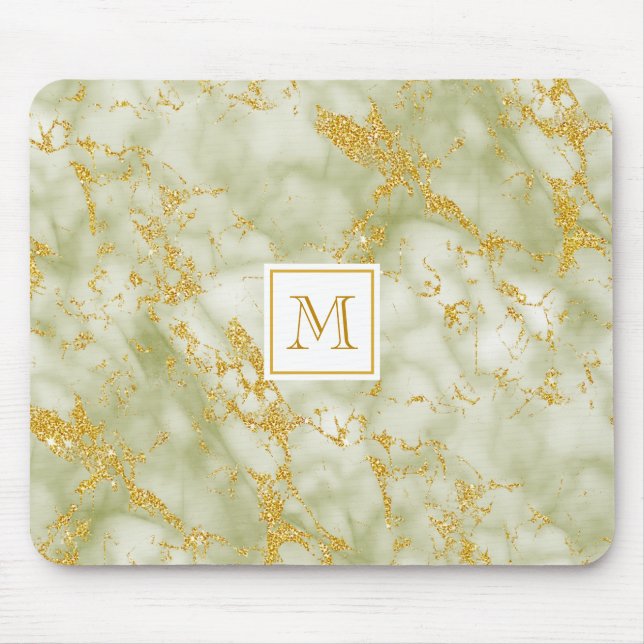 Eleganter, grüner Marmor Monogram Imitate Gold Gli Mousepad (Vorne)