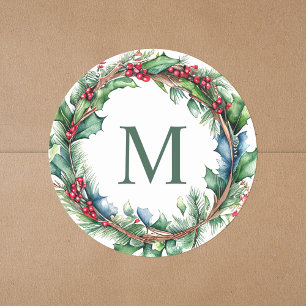 Eleganter grüner Monogramm-Anfangs-Weihnachtskranz Runder Aufkleber