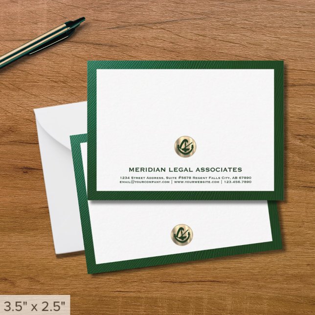 Eleganter grüner Notecard mit Goldener Logo-Anwalt Mitteilungskarte (Von Creator hochgeladen)