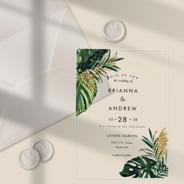 Eleganter, grüner Palm, Gold (Nachahmung) Grenze Acryleinladungen (Elegant, Green Palm, Gold (Imitation) Border Wedding Acrylic Invitations)