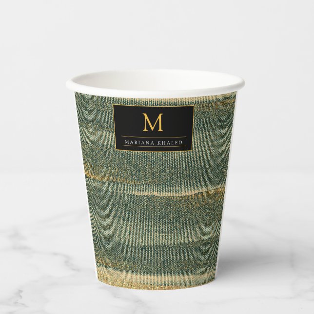 Eleganter Grüner Pinsel mit Gold und Schwarz Pappbecher (Vorderseite)