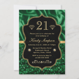 Eleganter grüner Satin & Glitter Goldrahmen Geburt Einladung