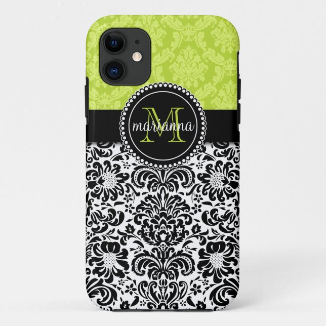 Eleganter grüner schwarzer Damast personalisiert Case-Mate iPhone Hülle (Rückseite)