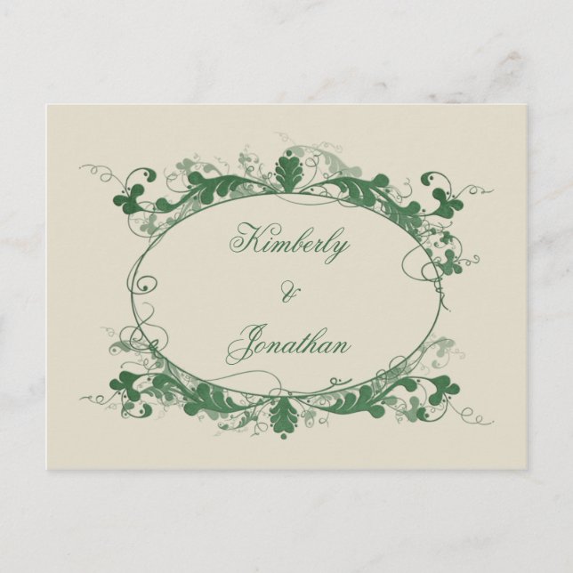 Eleganter, grüner Scroll Frame Save the Date Ankündigungspostkarte (Vorderseite)