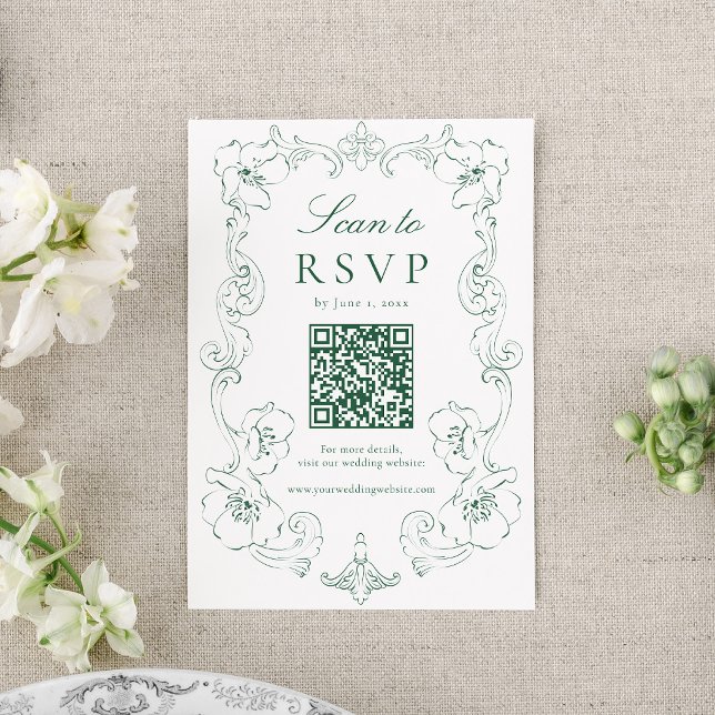 Eleganter grüner verzierter floraler QR-Code Hochz RSVP Karte (Von Creator hochgeladen)