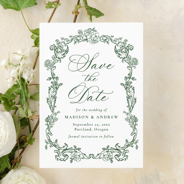 Eleganter grüner viktorianischer Blumenrahmen Hoch Save The Date (Von Creator hochgeladen)