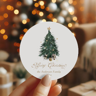 Eleganter grüner Weihnachtsbaum aus Gold Runder Aufkleber