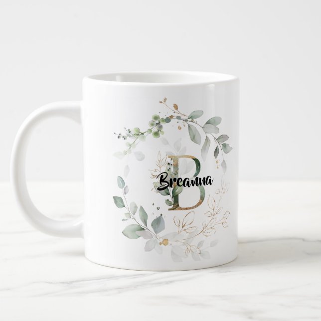 Eleganter grüner Wreath Monogramm Initial 'B' Name Jumbo-Tasse (Links)