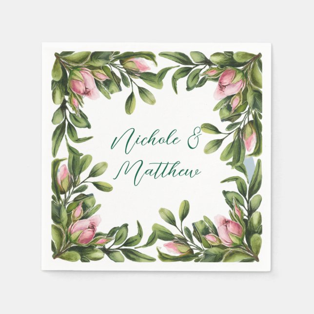 Eleganter Grünkranz mit rosa Rosenknospe Hochzeit Serviette (Vorderseite)