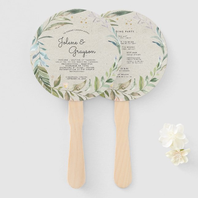 Eleganter Grünkränze | Hochzeitsprogramm Handfäche Fächer (Vorne und Hinten)