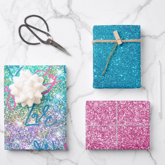 Eleganter, gürmisch-türkisfarbener Glitzer Regenbo Geschenkpapier Set (Vorderseite)