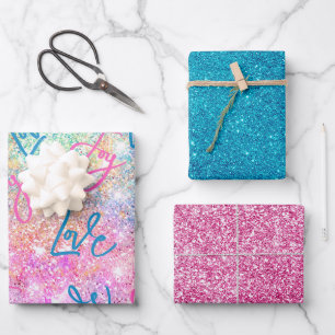 Eleganter, gürteliger Glitzer, einhorniger Regenbo Geschenkpapier Set