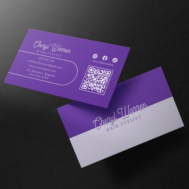 Eleganter Haarstylist-Script-Lila QR-Code Visitenkarte (Von Creator hochgeladen)