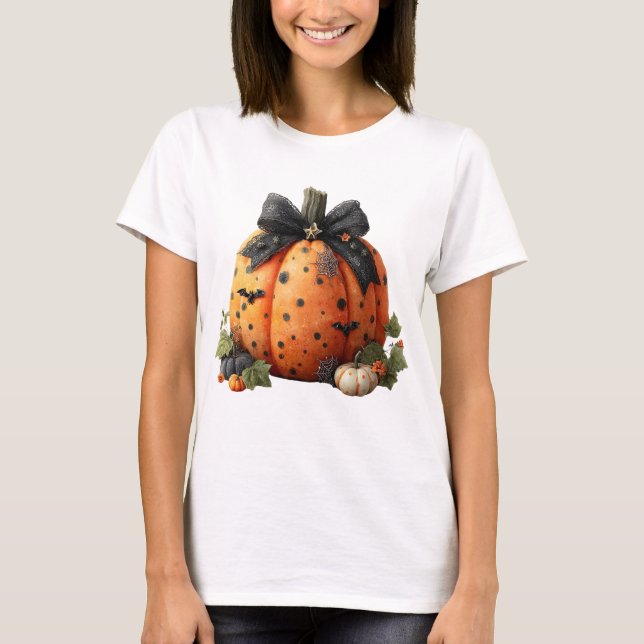 Eleganter Halloween Pumpkin mit Black Bow T-Shirt (Vorderseite)