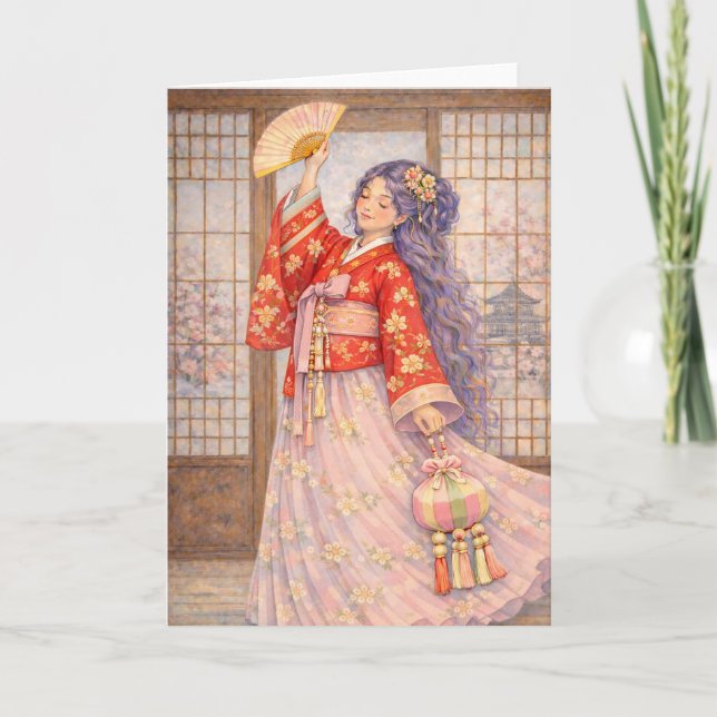 Eleganter Hanbok mit Fächer Karte (Vorderseite)