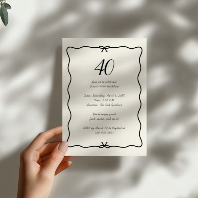 Eleganter handgezeichneter Bow Border 40. Geburtst Einladung (Von Creator hochgeladen)