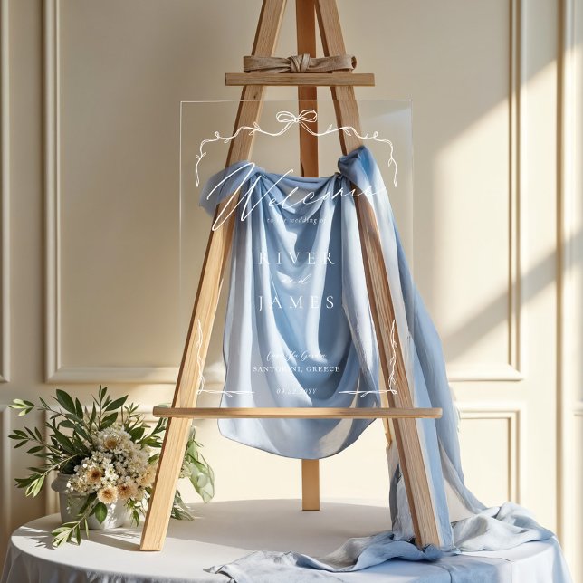 Eleganter handgezeichneter Bow & Ribbon Hochzeitse Acrylschild (Elegant Hand Drawn Bow & Ribbon Wedding Welcome Acrylic Sign)