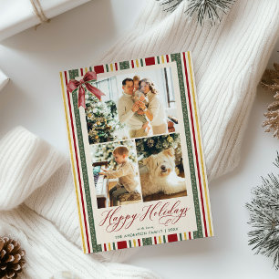 Eleganter Happy Holidays Vintag Stripes Bow 3 Foto Feiertagskarte