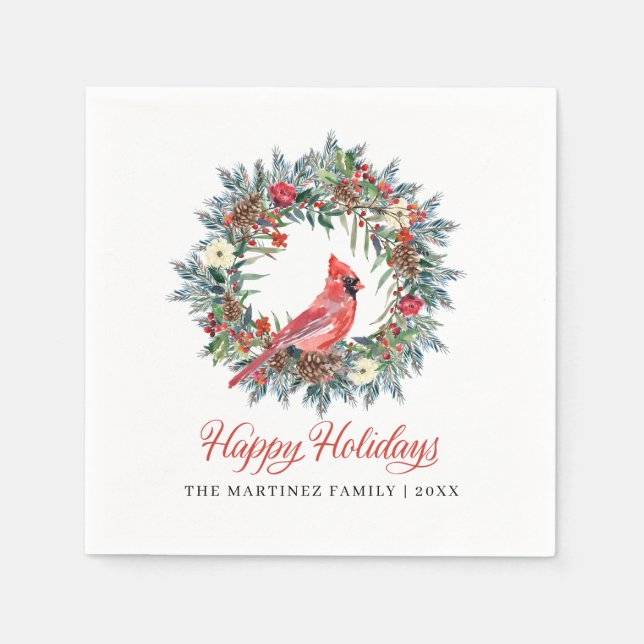 Eleganter Happy Holidays Wreath Roter Kardinal Serviette (Vorderseite)