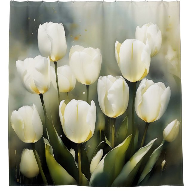 Eleganter Haufen von White Tulips in einem Serenen Duschvorhang (Vorderseite)