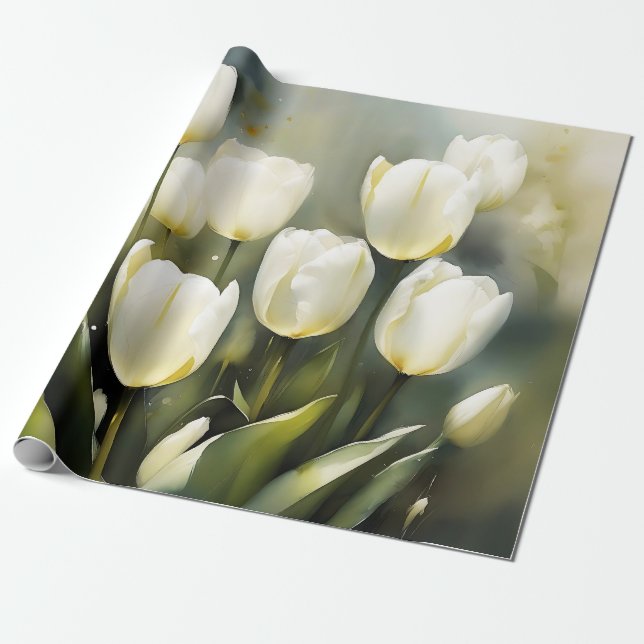 Eleganter Haufen von White Tulips in einem Serenen Geschenkpapier (Ungerollt)