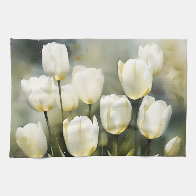Eleganter Haufen von White Tulips in einem Serenen Geschirrtuch (Horizontal)