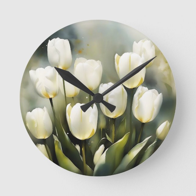 Eleganter Haufen von White Tulips in einem Serenen Runde Wanduhr (Vorderseite)