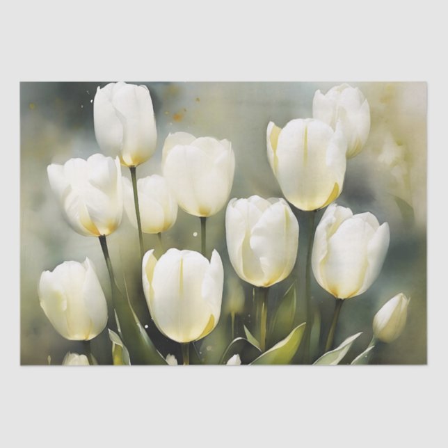 Eleganter Haufen von White Tulips in einem Serenen Seidenpapier (Vorderseite)