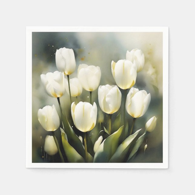 Eleganter Haufen von White Tulips in einem Serenen Serviette (Vorderseite)