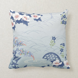 Eleganter hellblauer japanischer Blumen-Garten Kissen