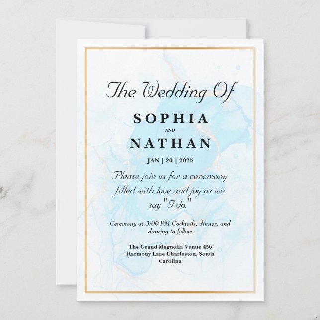 Eleganter hellblauer Marmor Einladung zur Hochzeit (Vorderseite)