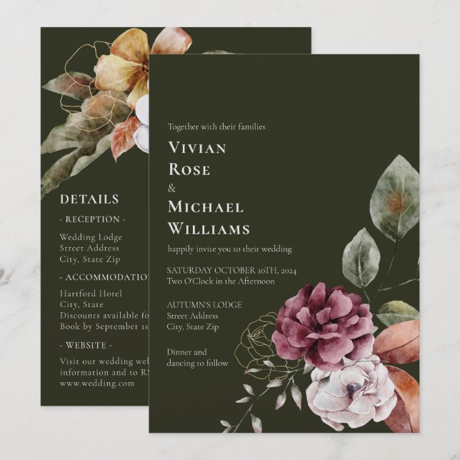 Eleganter Herbst - alles in einer Burgunder Hochze Einladung (Vorne/Hinten)