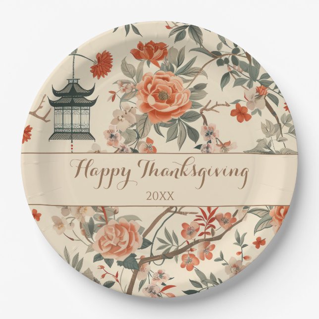 Eleganter Herbst-Chinoiserie Thanksgiving  Pappteller (Vorderseite)